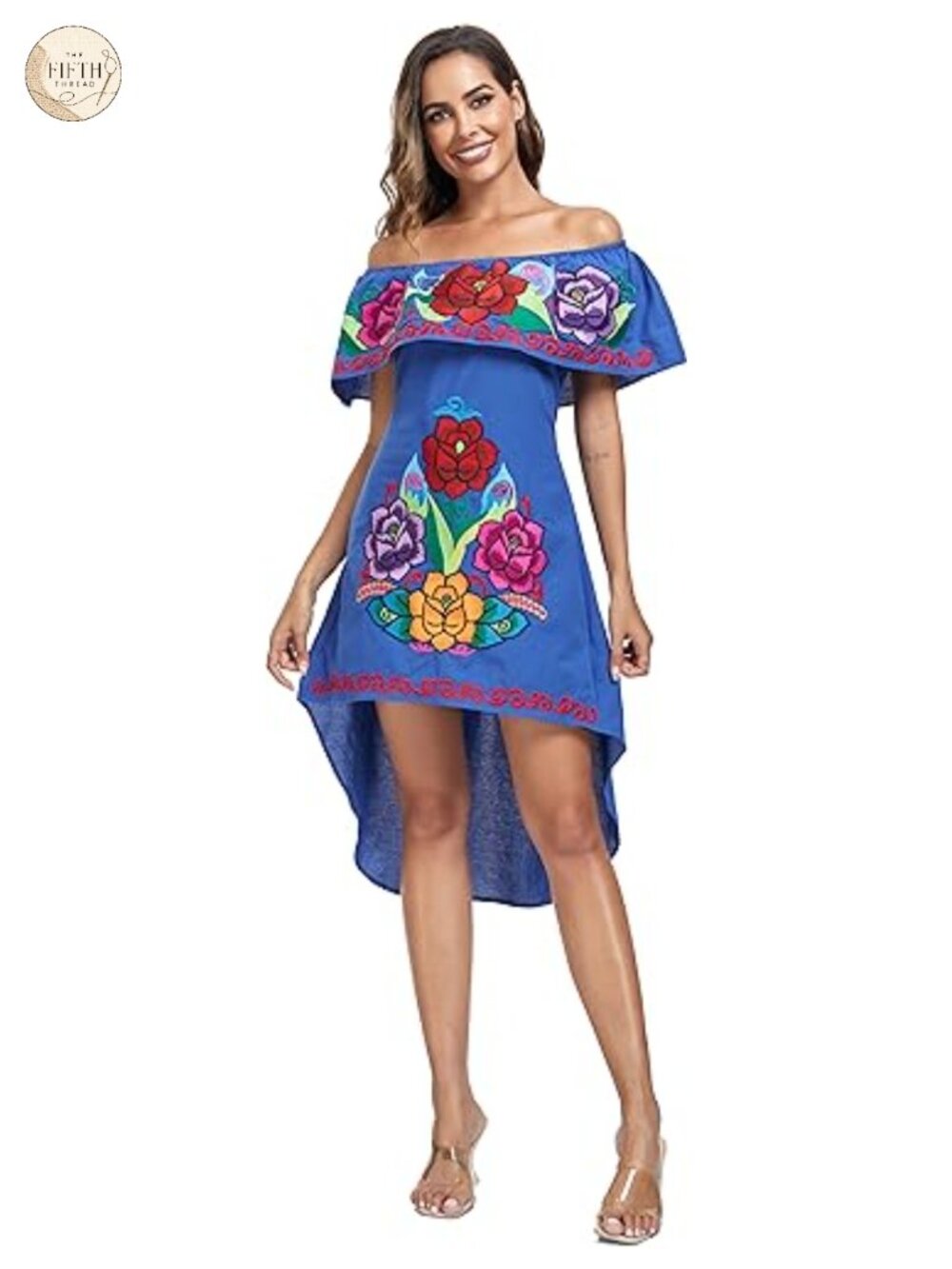 Mexican Floral Embroidered Off Shoulder Cotton Dress Boho Beach Party